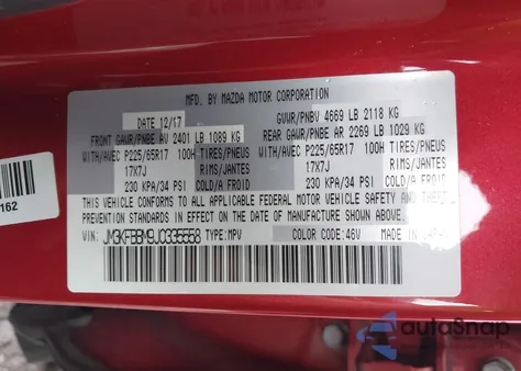 2018 Mazda Cx-5 Sport z USA, uszkodzony, nr VIN JM3KFBBM9J0335558